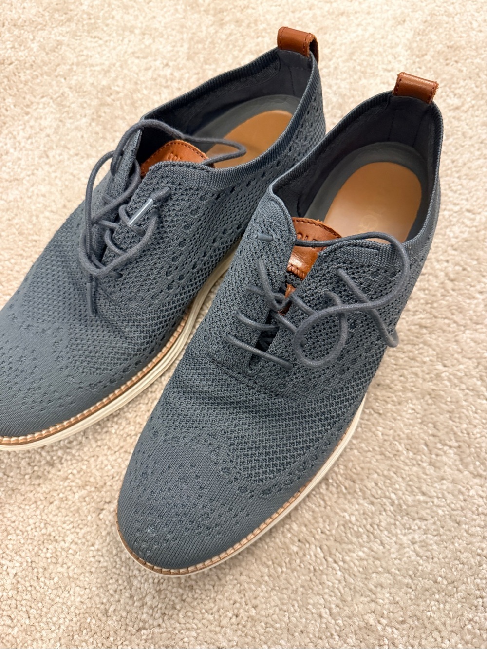 Cole Haan Slate Blue Knit Derby Oxfords with Tan Accents